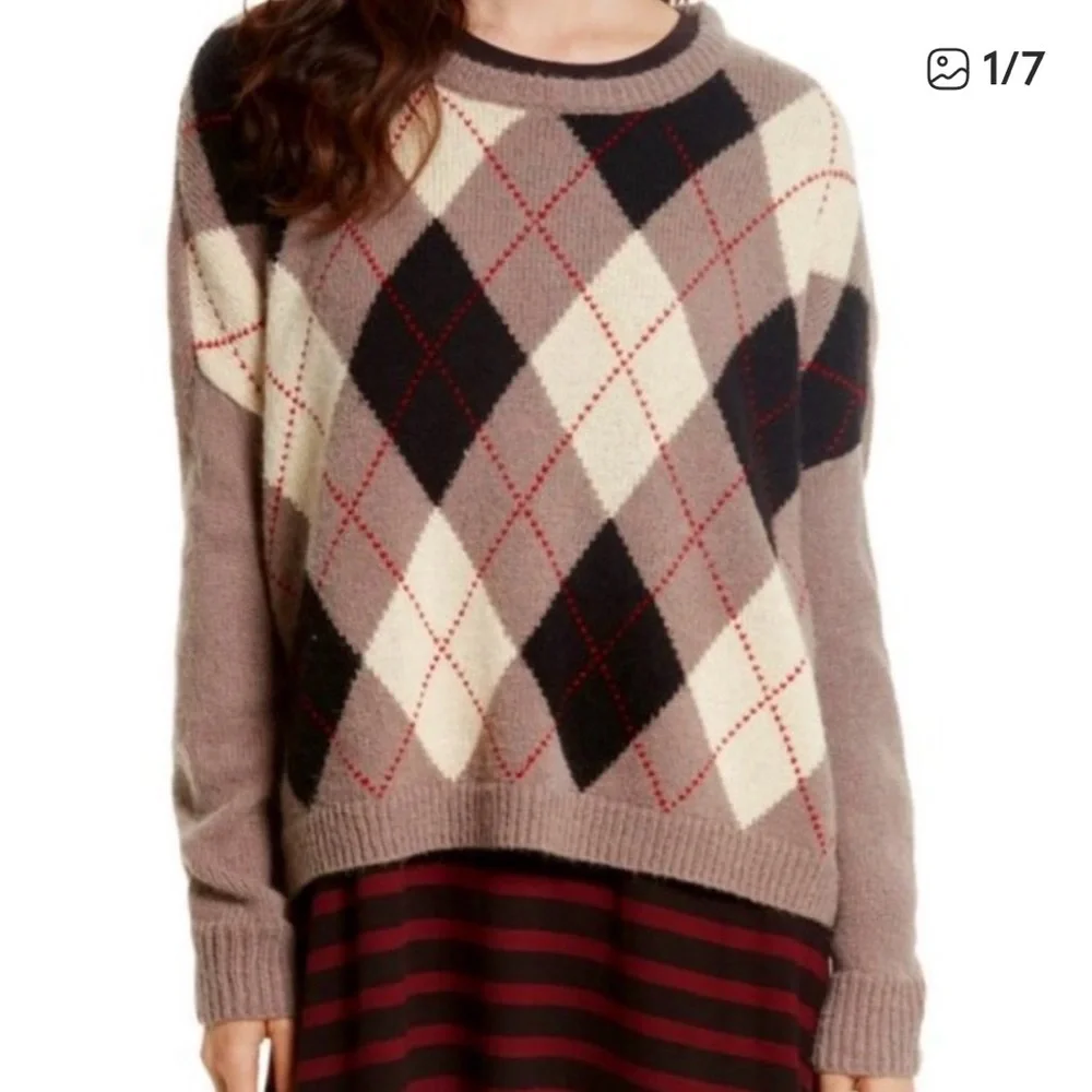 The Great Argyle Crewneck Sweater Tan Red Black